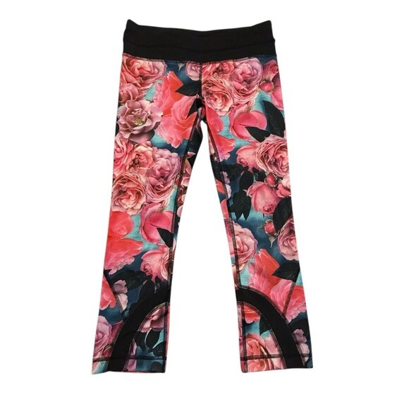 Lululemon Leggings 4 Black Pink Pant Run Inspire Crop II Secret Garden Floral - Picture 2 of 5